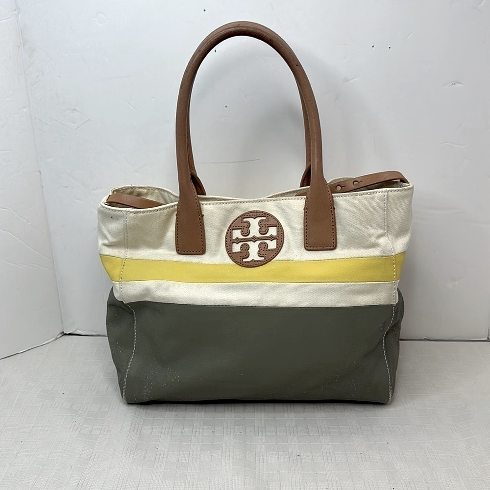 Tory Burch logo color block canvas with leather trim tote